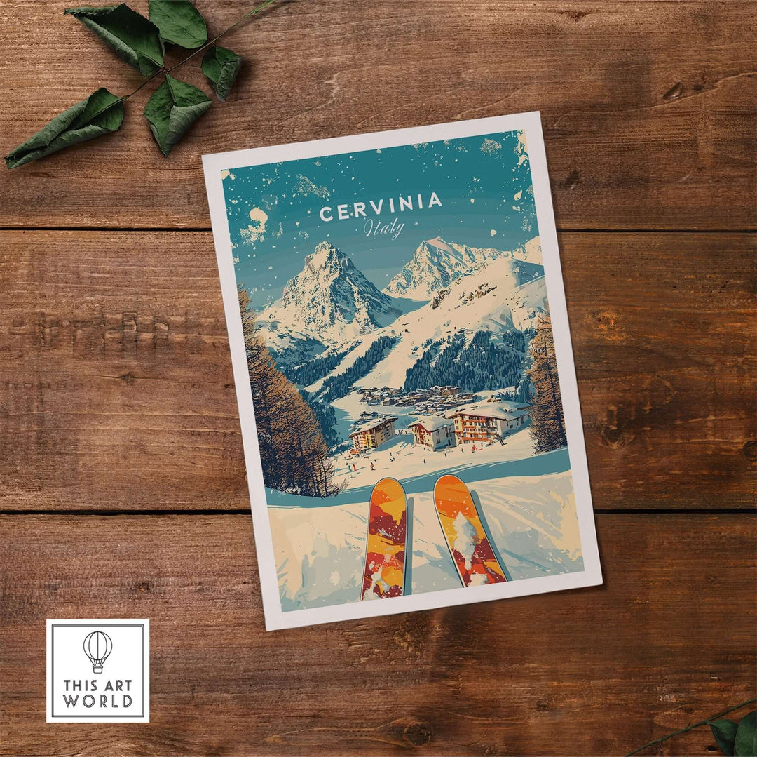 Cervinia wall art ski print featuring snowy mountains and colorful skis, perfect for home decor and ski enthusiasts.