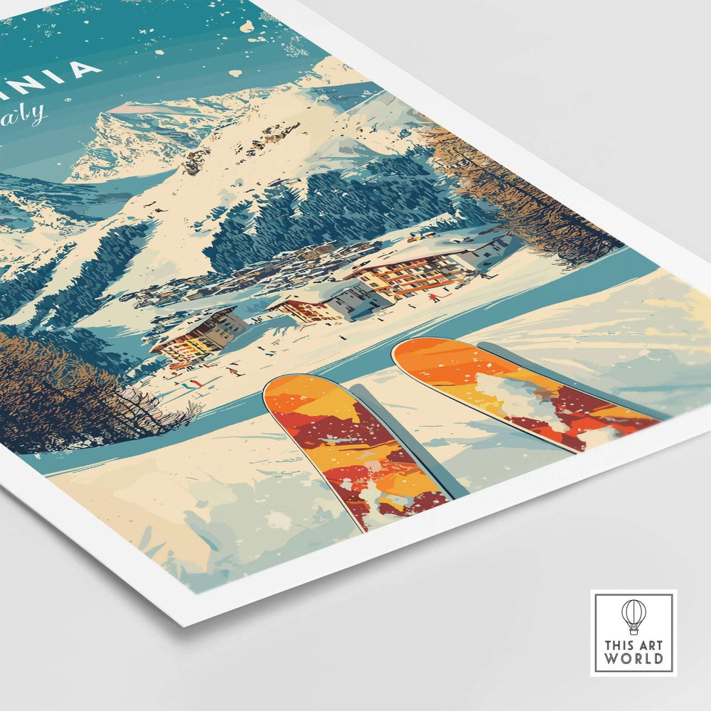 Cervinia wall art ski print featuring stunning snowy mountain slopes and vibrant skis, perfect for decor enthusiasts.