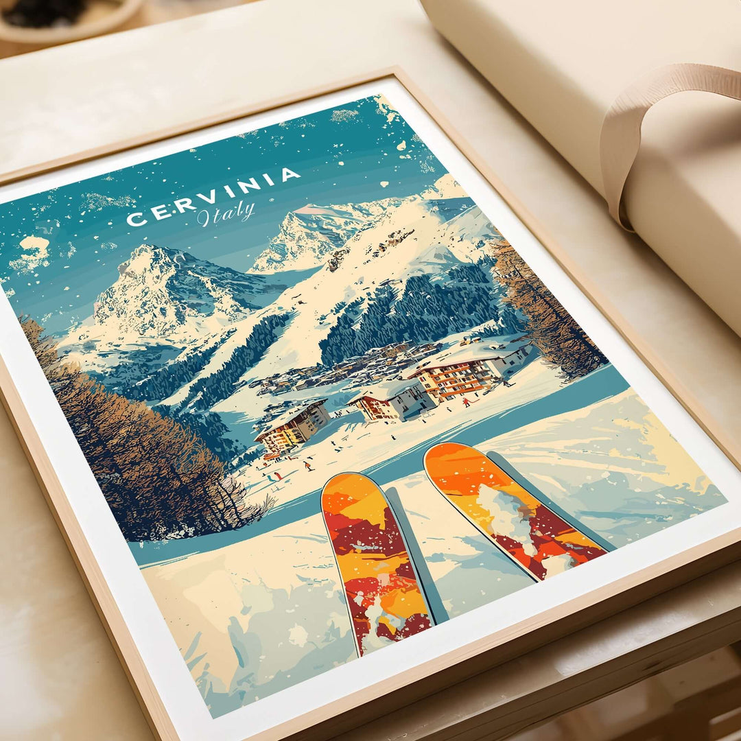 Cervinia wall art ski print showcasing Italian slopes and snowy mountains, perfect for home decor and ski enthusiasts.