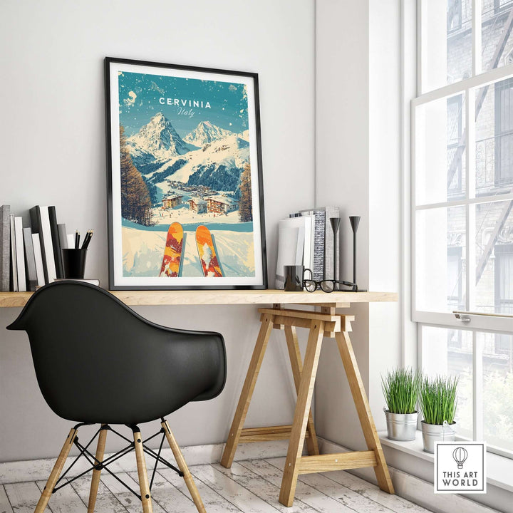 Cervinia Wall Art Ski Print showcasing Italian slopes, perfect for accenting home decor and appealing to ski enthusiasts.