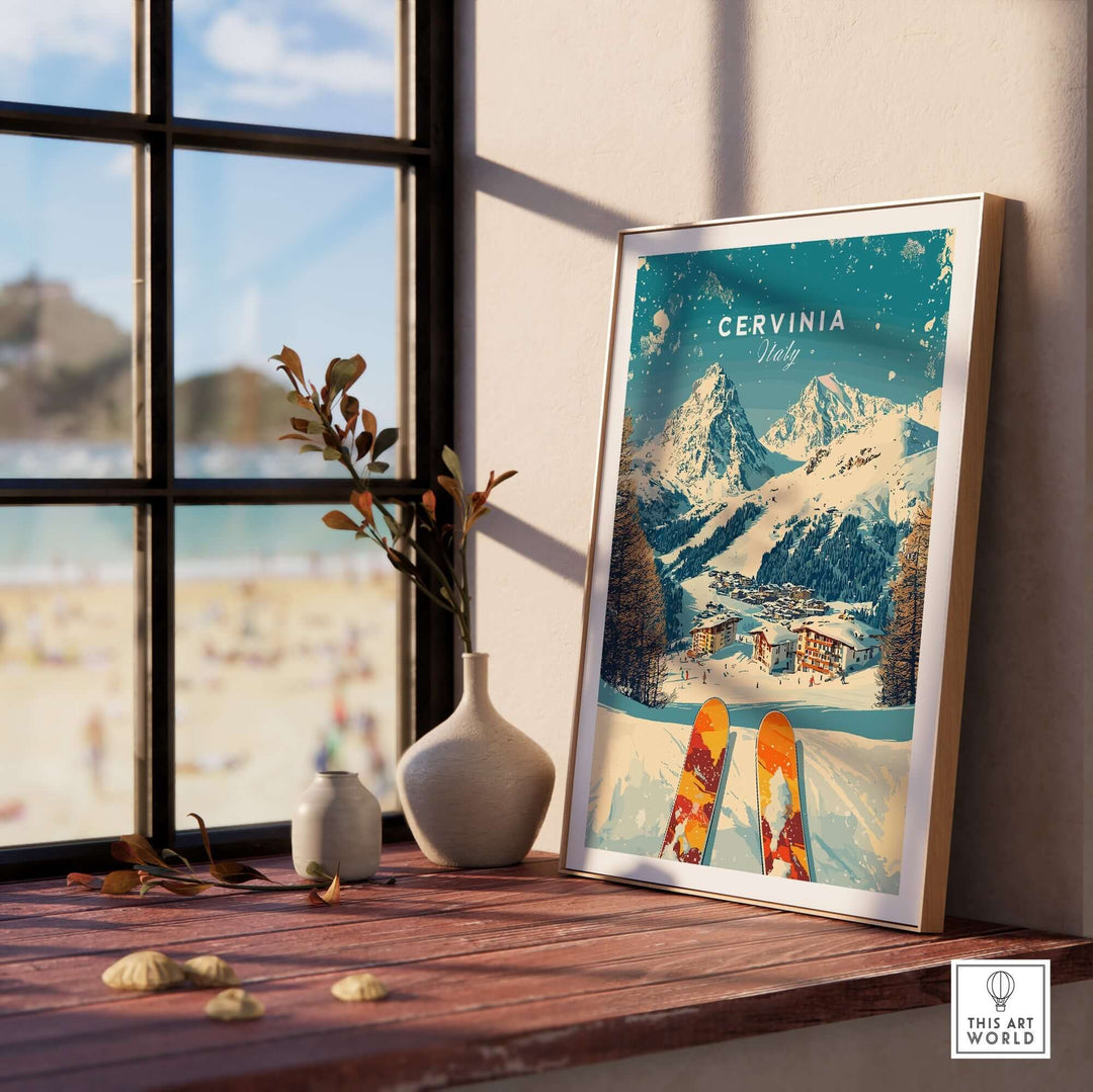 Cervinia wall art ski print in a stylish interior, showcasing Italian slopes and a cozy decor aesthetic.