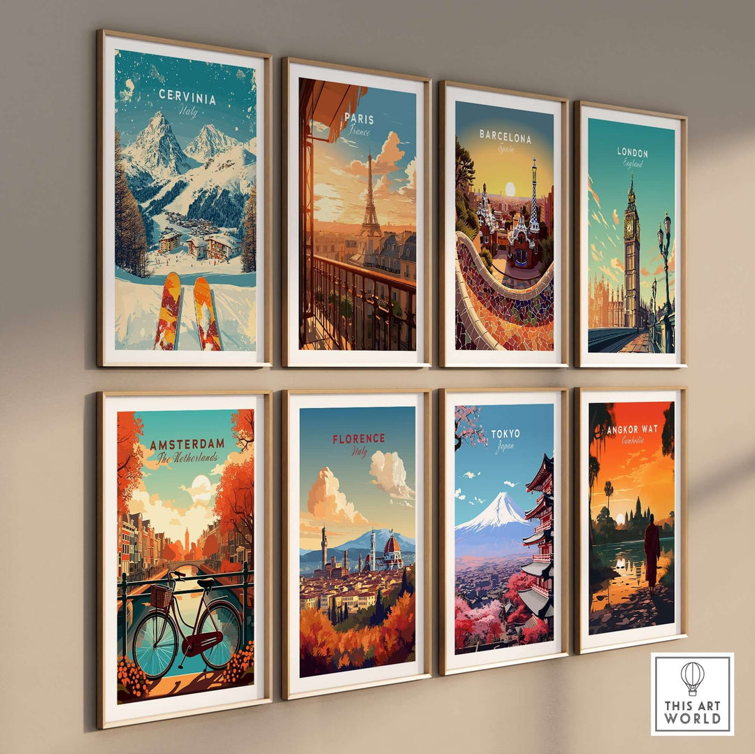 Collage of travel-themed wall art prints, featuring cities like Cervinia, Paris, and Tokyo, in elegant frames.