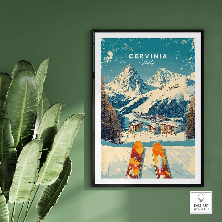 Cervinia wall art ski print featuring snowy mountains and skis, perfect for winter decor and ski enthusiasts.