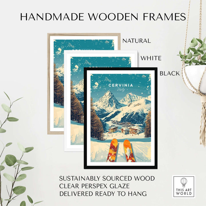 Handmade wooden frames for Cervinia wall art in natural, white, and black finishes, sustainably sourced wood, ready to hang.