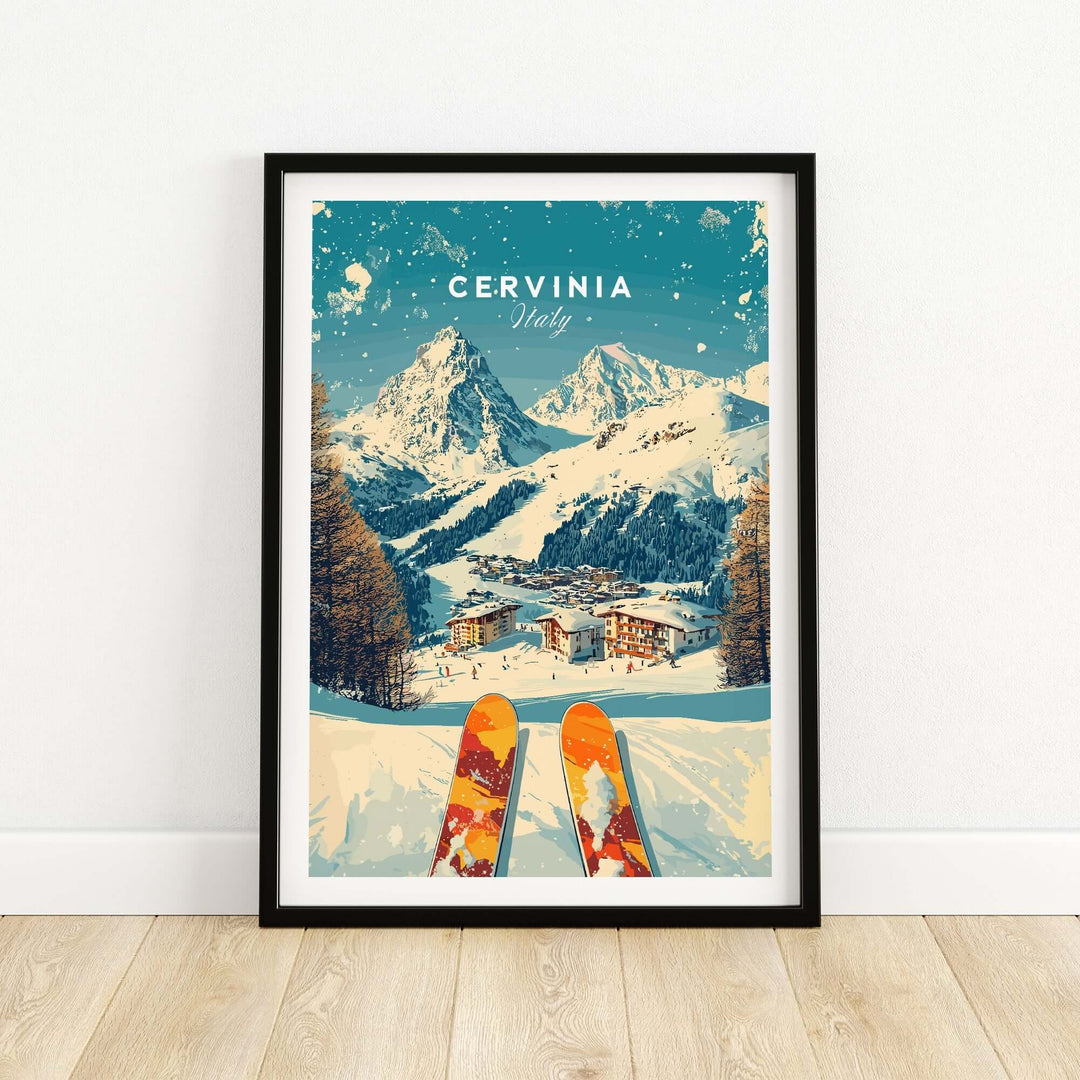 Cervinia Wall Art Ski Print featuring stunning snowy mountains and ski equipment, perfect for home decor enthusiasts.