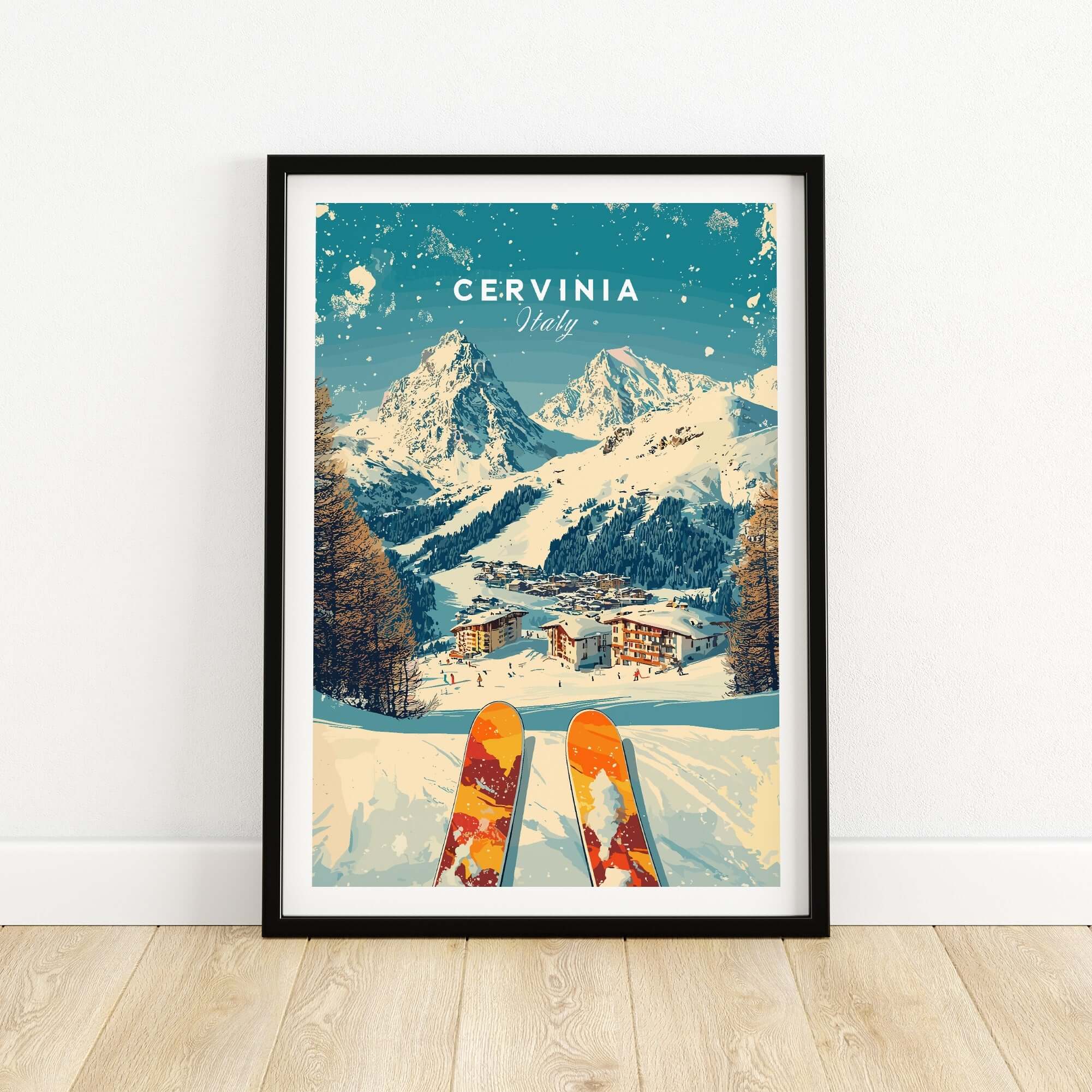 Cervinia Wall Art Ski Print featuring stunning snowy mountains and ski equipment, perfect for home decor enthusiasts.