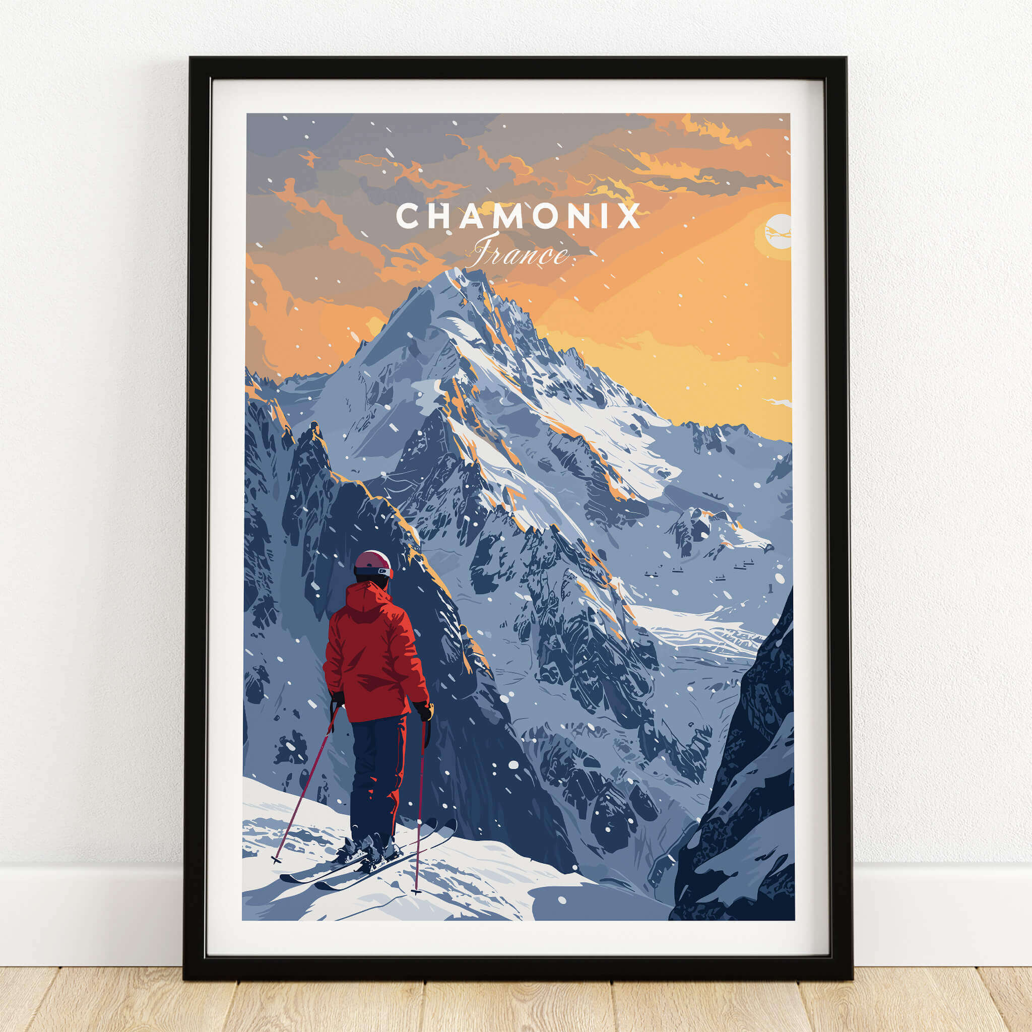 Chamonix Travel Poster - France showcasing a skier admiring majestic mountains during sunset.