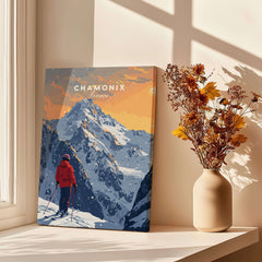 Chamonix Travel Poster - France showcasing a skier against majestic mountains and a sunset.