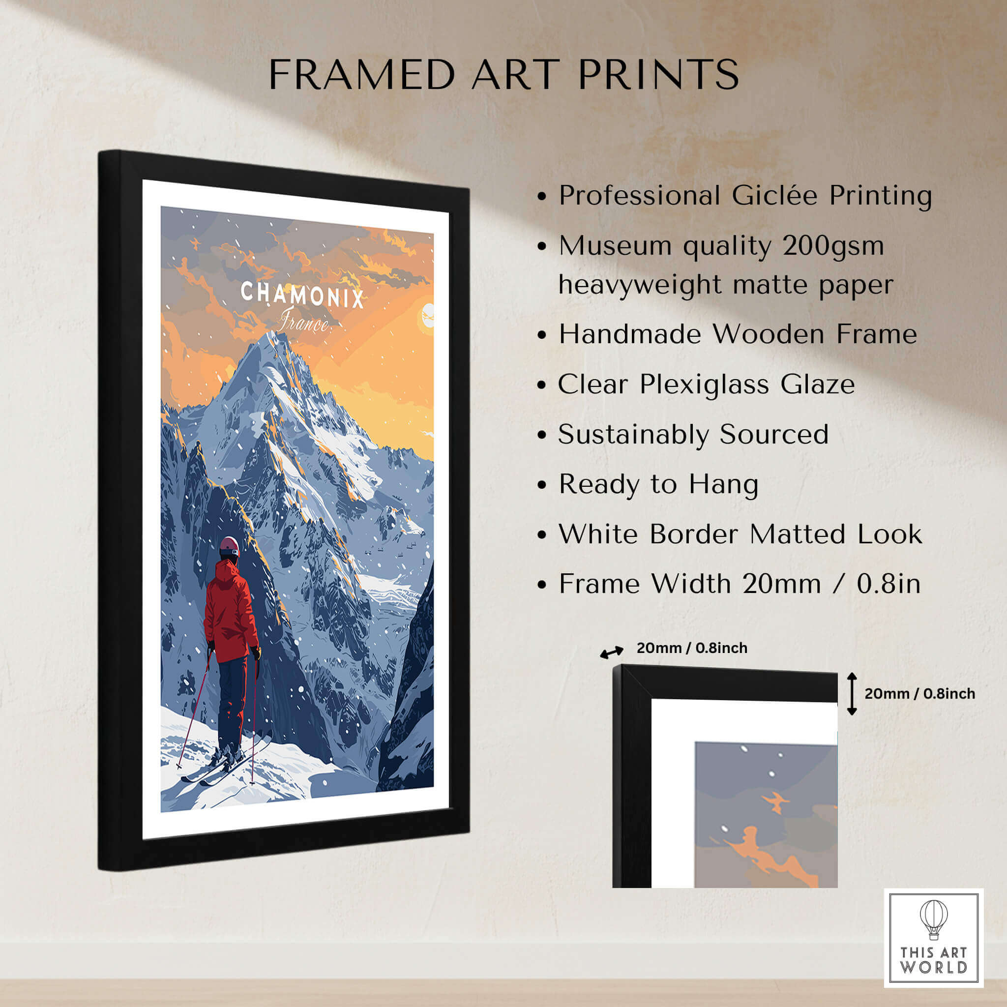 Chamonix Travel Poster - France framed art print showcasing a stunning mountain view and a skier, perfect for winter adventure inspiration.