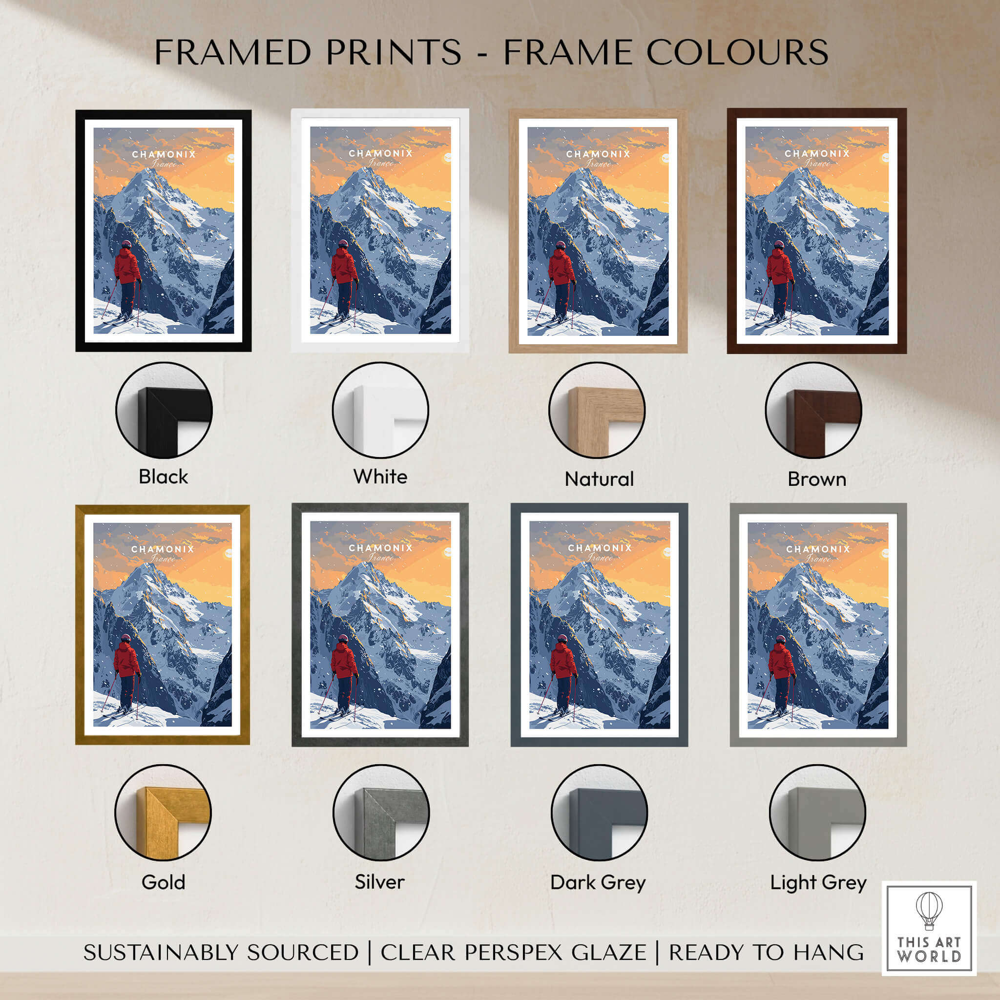 Chamonix Travel Poster - France framed prints in various colors including black, white, natural, brown, gold, silver, dark grey, light grey.
