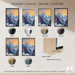 Framed canvas options for Chamonix Travel Poster - France showcasing various frame colors and styles.