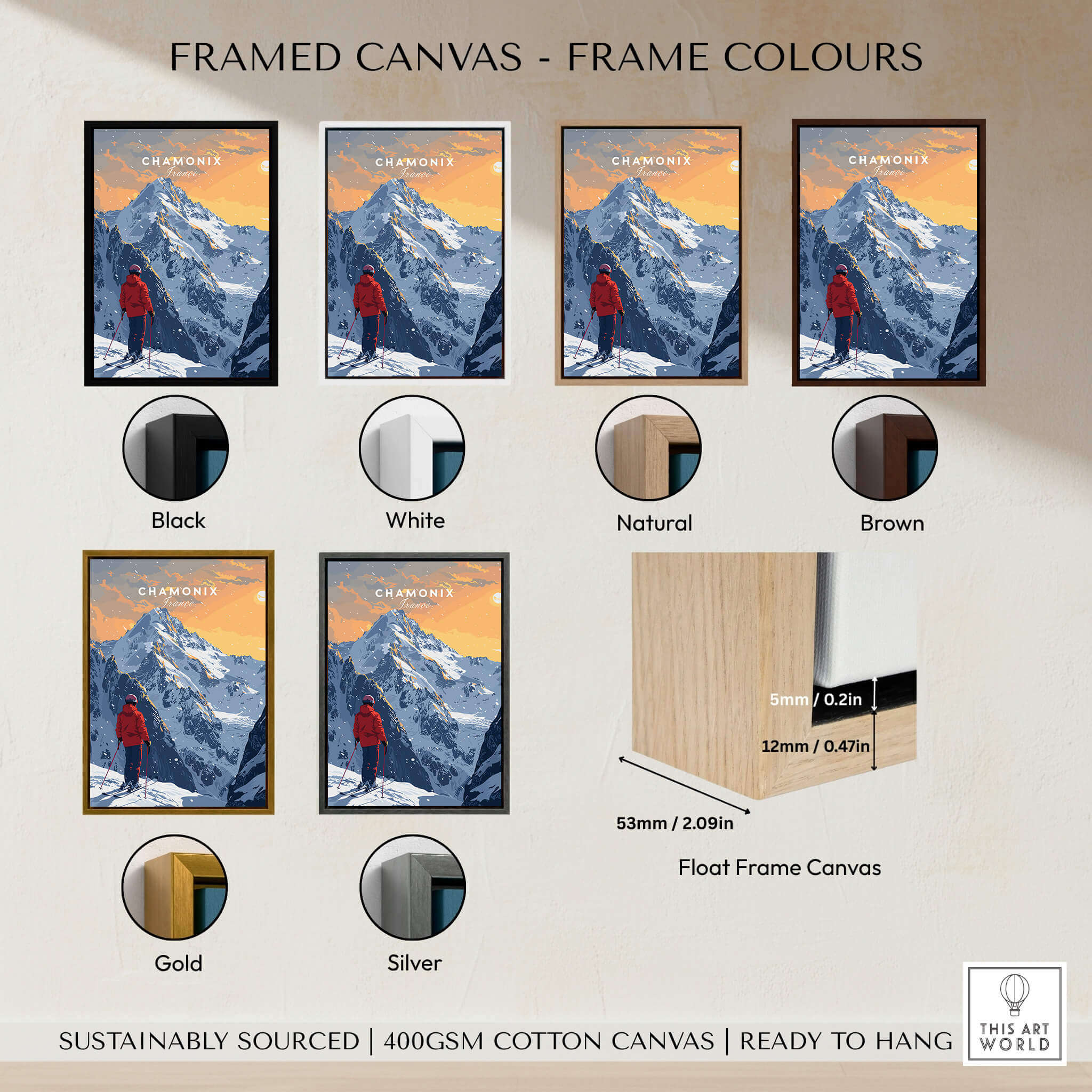 Framed canvas options for Chamonix Travel Poster - France showcasing various frame colors and styles.