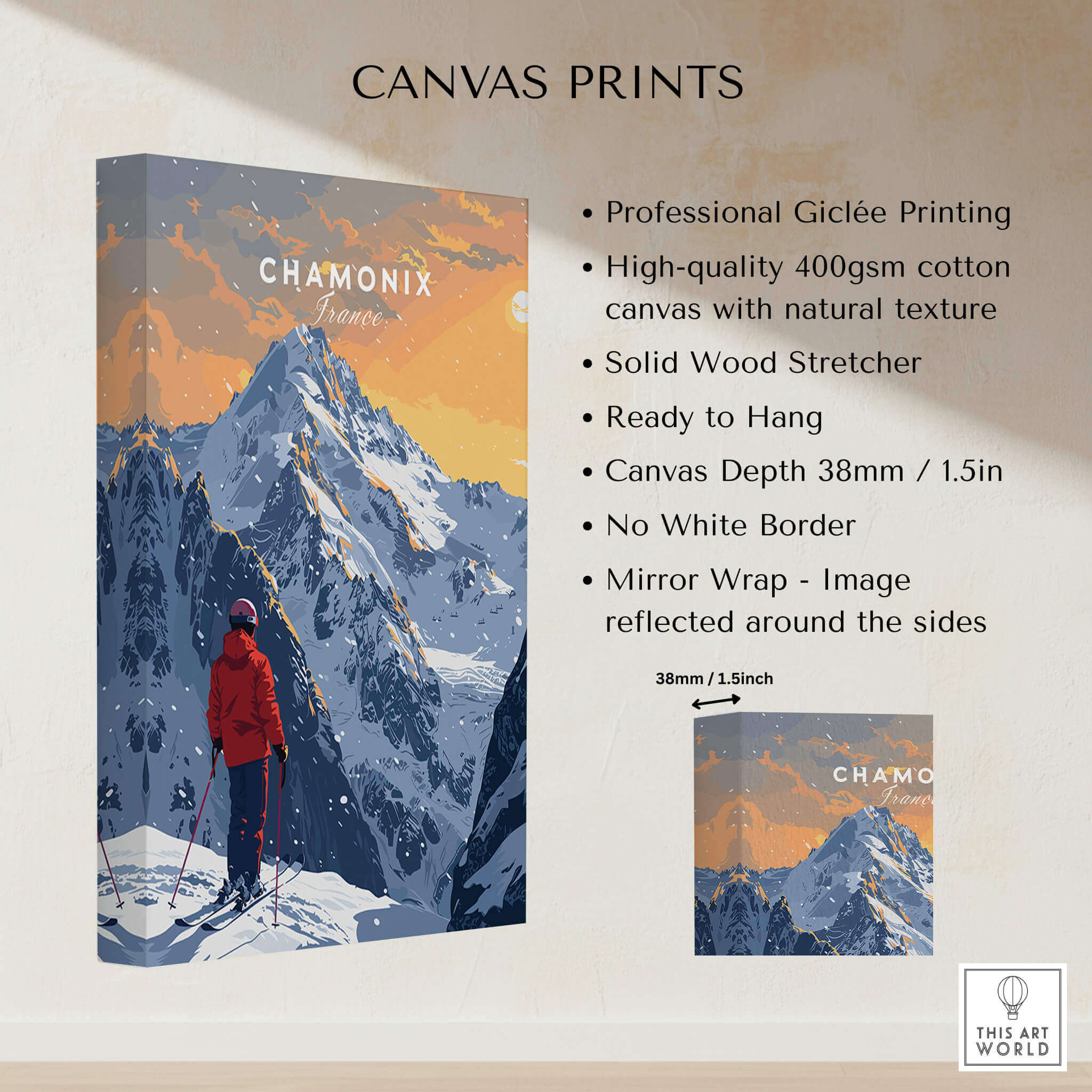 Chamonix Travel Poster - France displayed on a solid wood stretcher canvas print with mountain scenery.