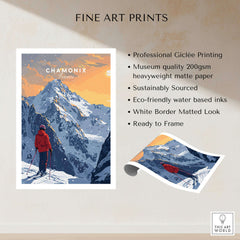 Chamonix Travel Poster - France showcasing a stunning winter scene with a skier amidst majestic mountains.