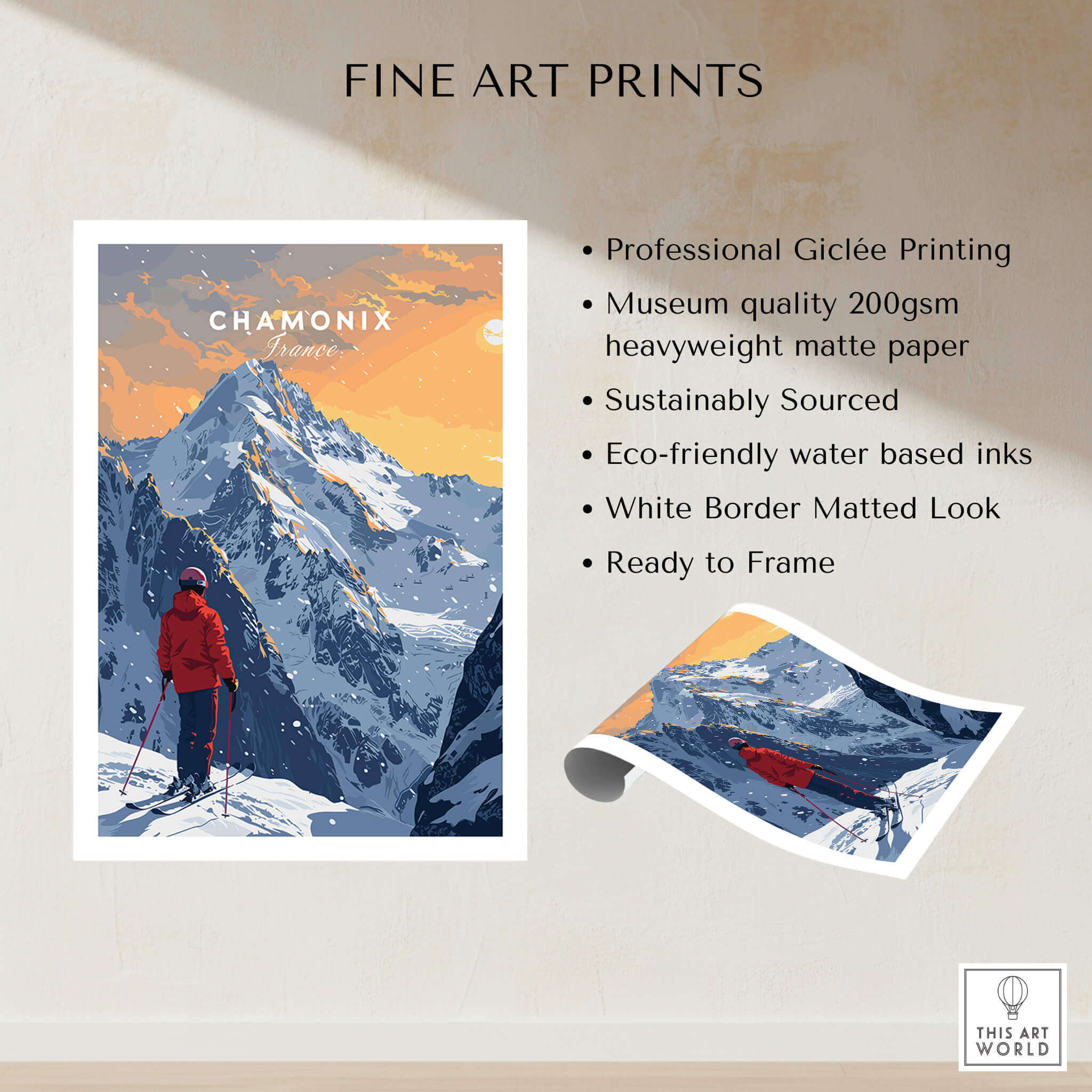 Chamonix Travel Poster - France showcasing a stunning winter scene with a skier amidst majestic mountains.