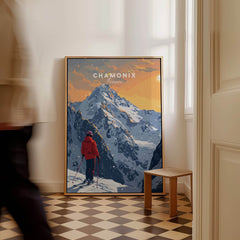 Chamonix Travel Poster - France showcasing a skier against a mountain backdrop in a stylish interior setting.