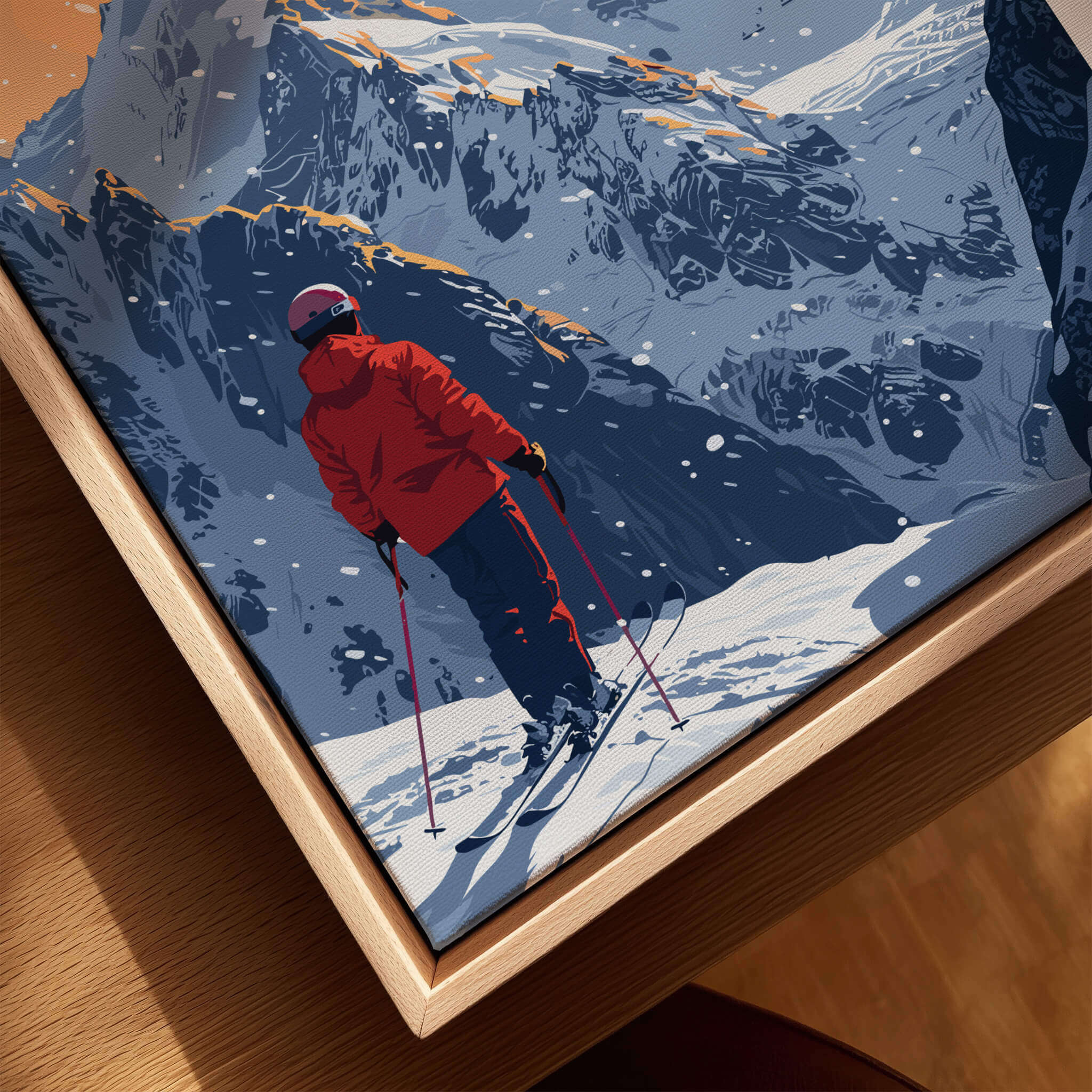 Chamonix Travel Poster - France showing a skier on snowy slopes with majestic mountains in the background.