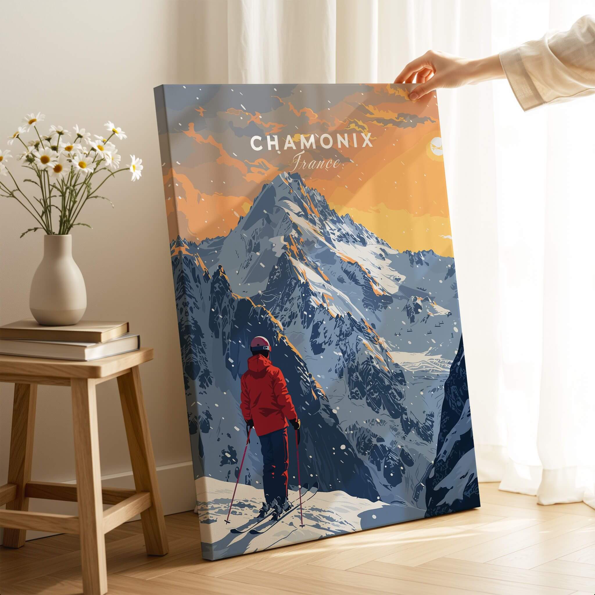 Chamonix Travel Poster - France showcasing a skier in front of majestic mountains and a beautiful sunset.