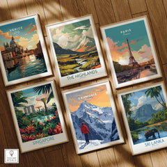 Chamonix Travel Poster - France featuring winter landscapes and skiing, part of a travel art collection.