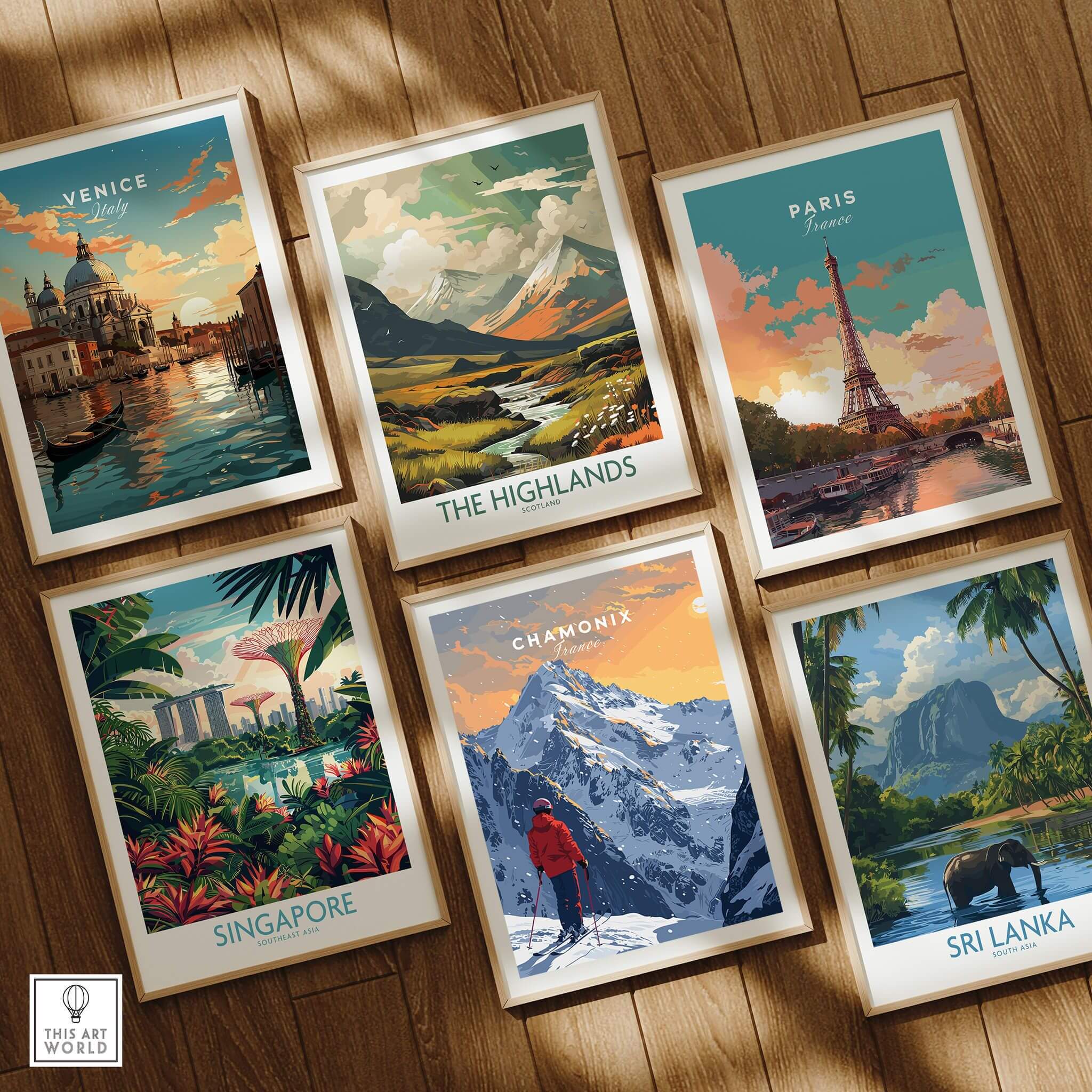 Chamonix Travel Poster - France featuring winter landscapes and skiing, part of a travel art collection.