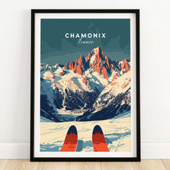Chamonix Ski Poster featuring stunning mountain vistas and ski equipment in front of the French Alps.