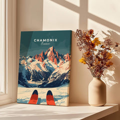 Chamonix Ski Poster showcasing stunning French Alps landscapes with skis in the foreground and a vase of flowers.