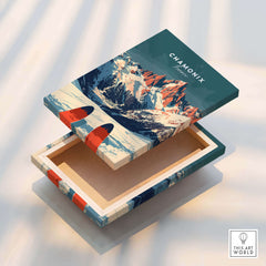 Chamonix Ski Poster design showcasing mountains and ski equipment in a vibrant, artistic style.