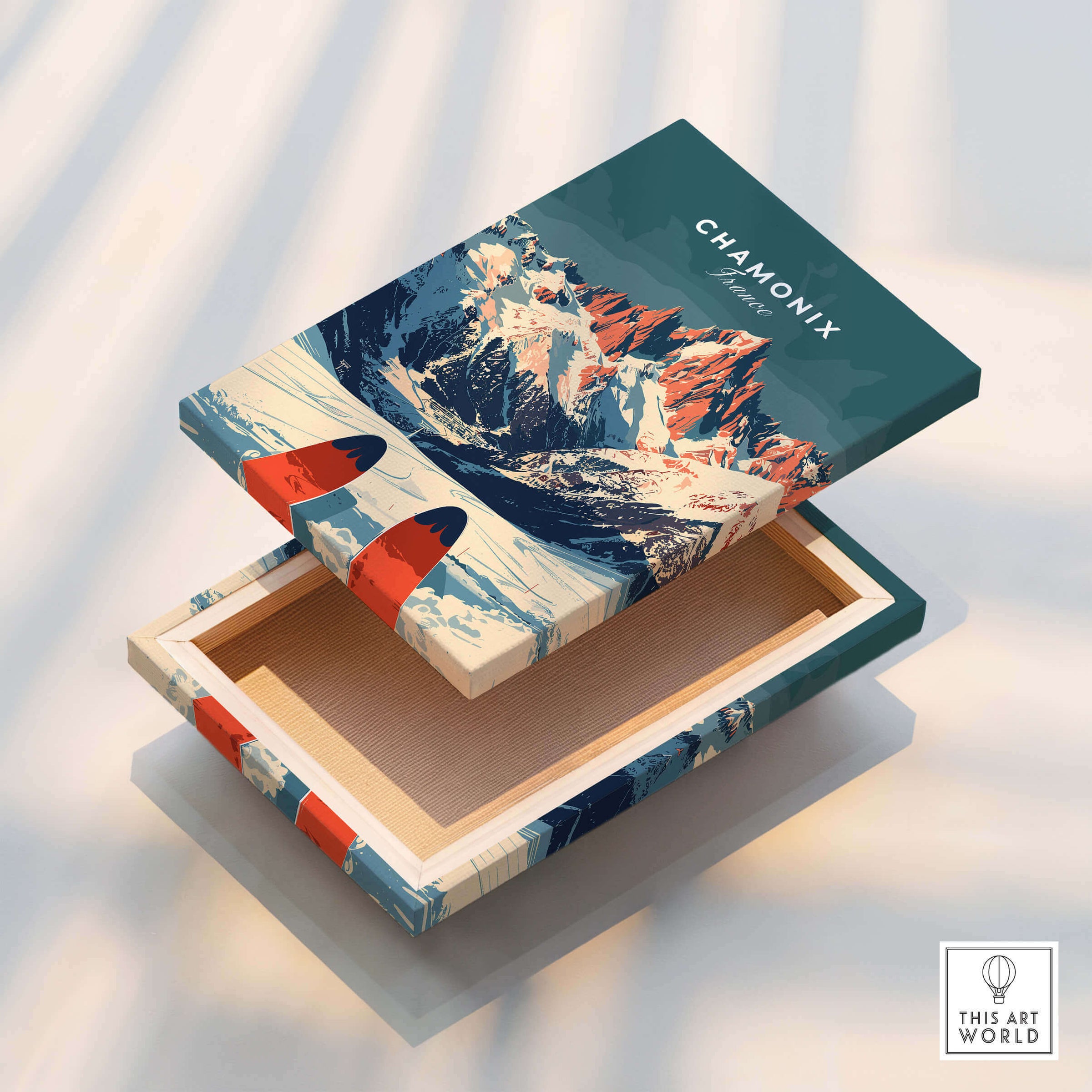 Chamonix Ski Poster design showcasing mountains and ski equipment in a vibrant, artistic style.