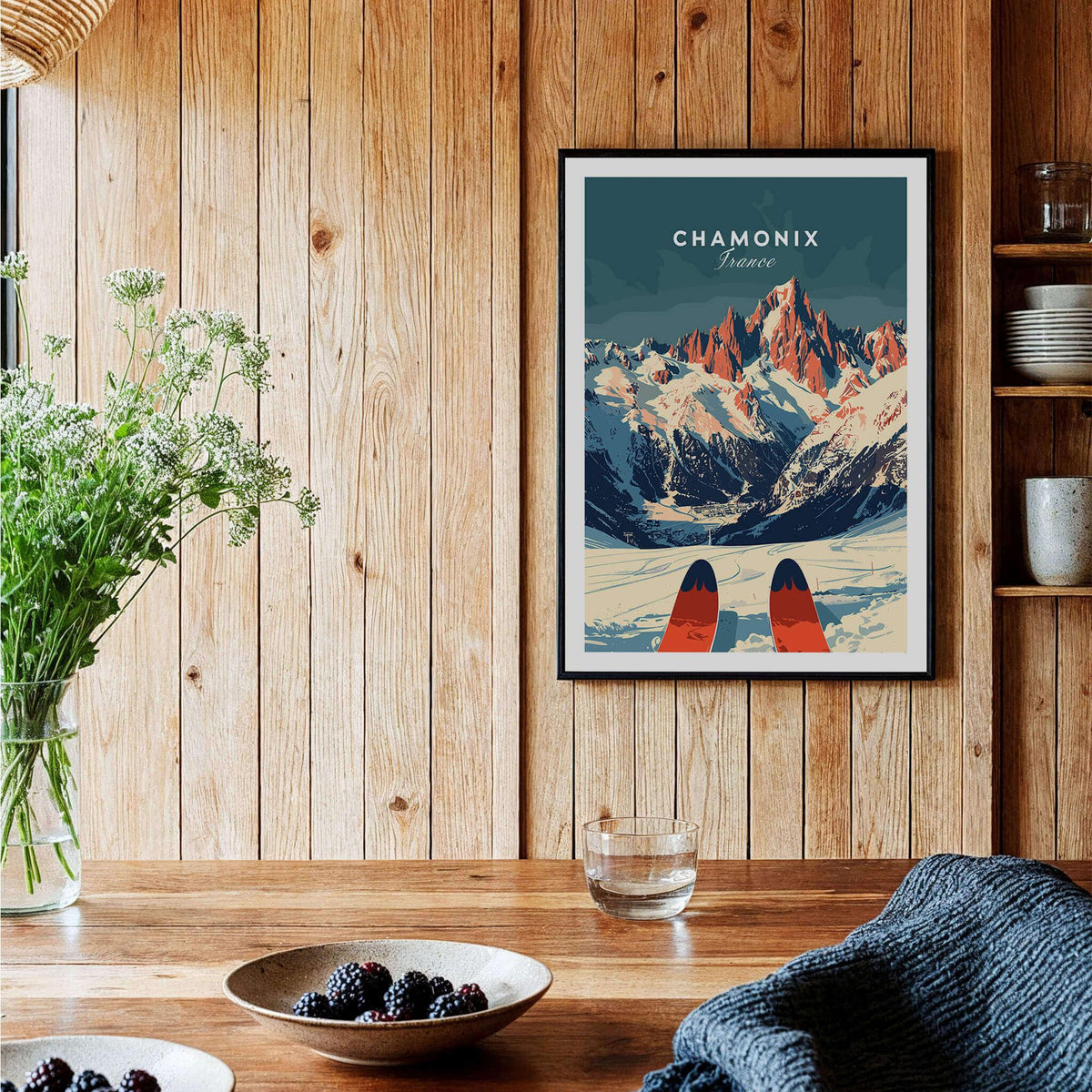 Chamonix Ski Poster showcasing stunning mountains and ski equipment in a beautifully designed art print.
