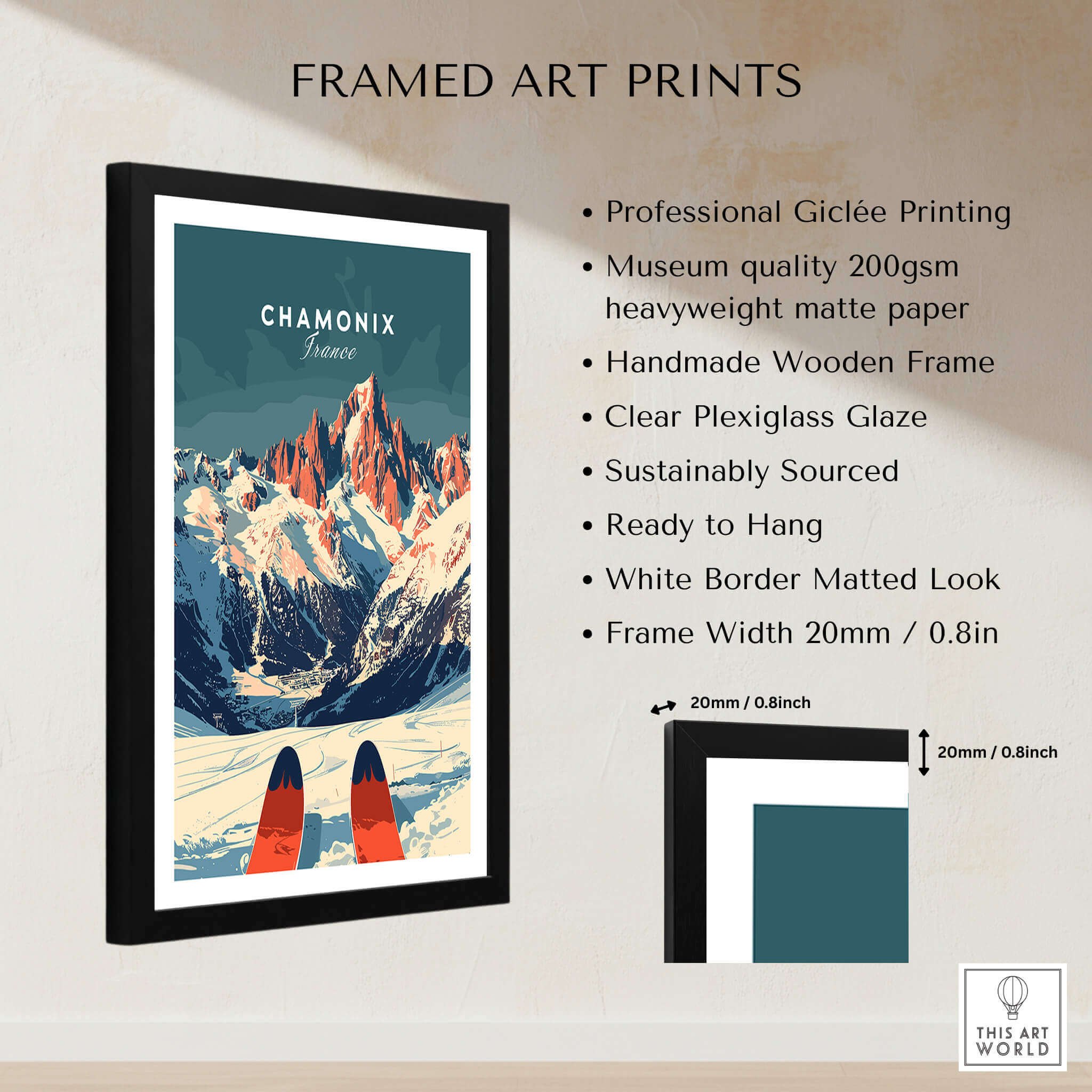 Chamonix Ski Poster in a framed art print showcasing the French Alps and ski culture.