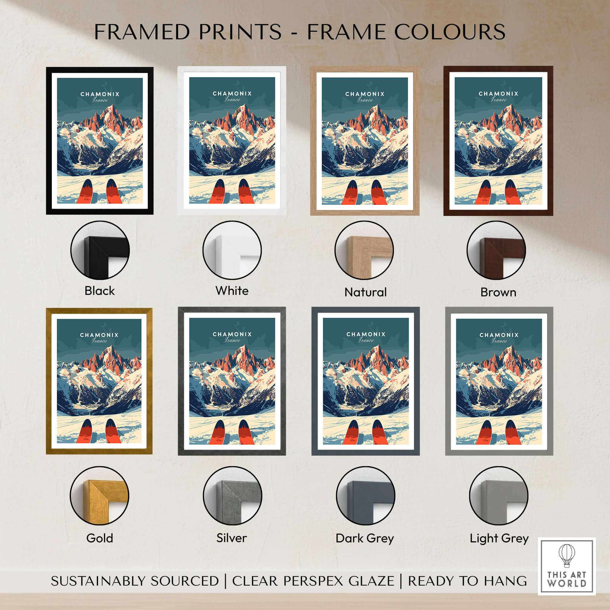 Chamonix Ski Poster framed print options in various colors including Black, White, Natural, and Brown.
