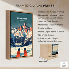 Chamonix Ski Poster framed canvas print showcasing stunning mountain scenery and vibrant colors.