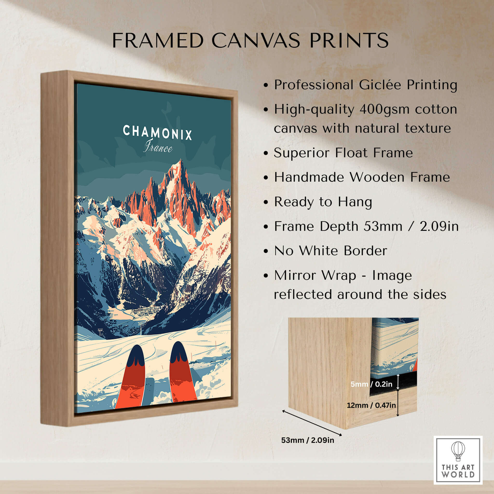 Chamonix Ski Poster framed canvas print showcasing stunning mountain scenery and vibrant colors.