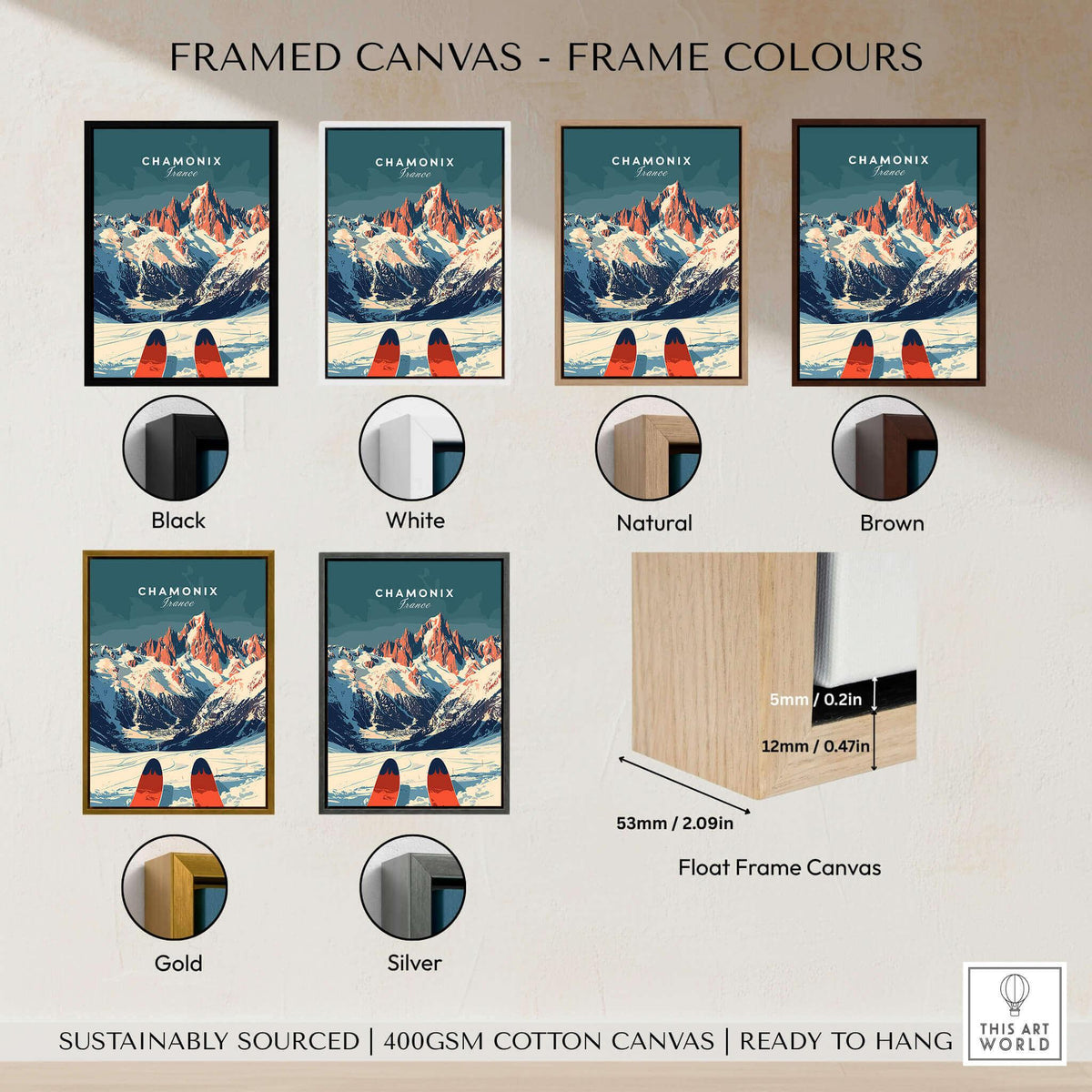Chamonix Ski Poster displayed in various frame colors including black, white, natural, brown, gold, and silver.