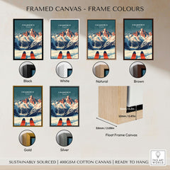 Chamonix Ski Poster displayed in various frame colors including black, white, natural, brown, gold, and silver.