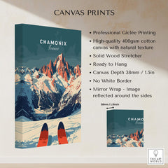 Chamonix Ski Poster featuring stunning mountains and ski elements in a beautifully designed canvas print.
