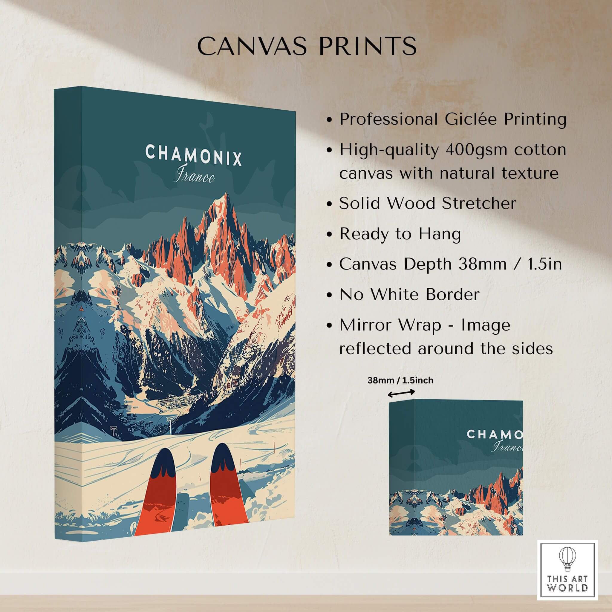 Chamonix Ski Poster featuring stunning mountains and ski elements in a beautifully designed canvas print.