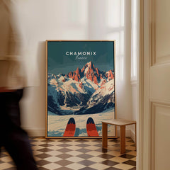 Chamonix Ski Poster featuring stunning French Alps vistas and ski gear in elegantly designed home interior.