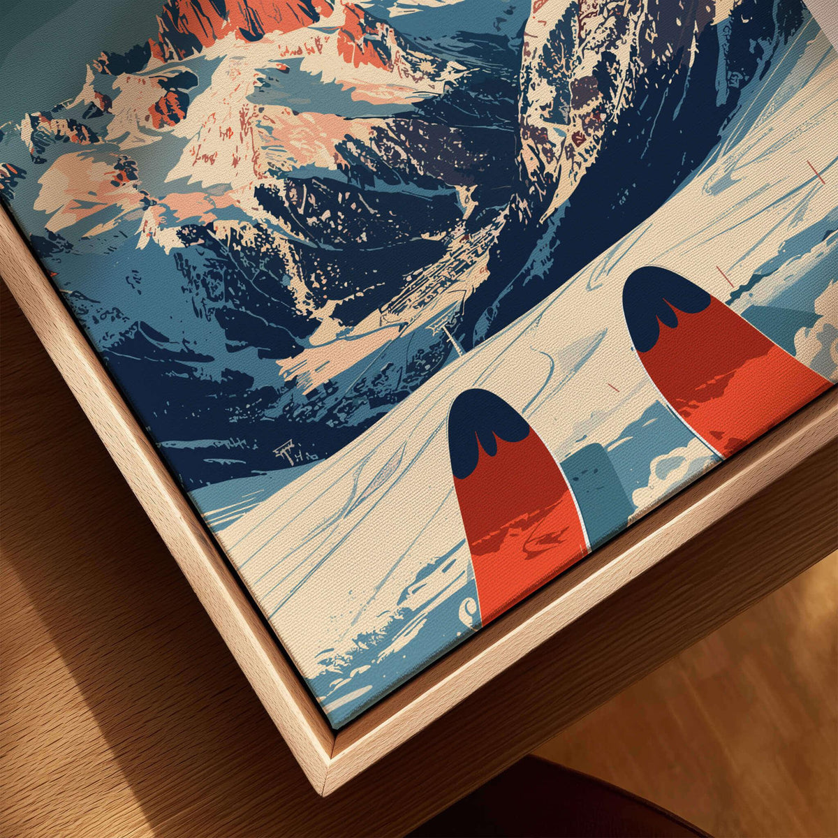 Chamonix Ski Poster showcasing vivid mountain scenery and colorful ski gear, perfect for winter sports enthusiasts.