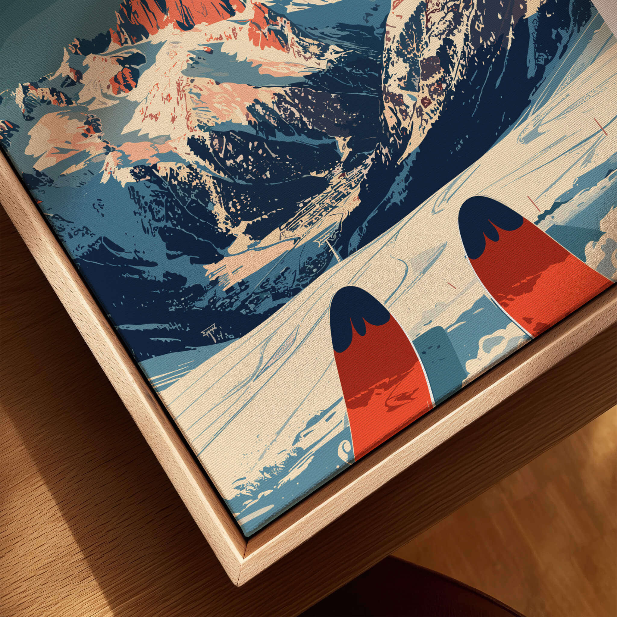 Chamonix Ski Poster showcasing vivid mountain scenery and colorful ski gear, perfect for winter sports enthusiasts.