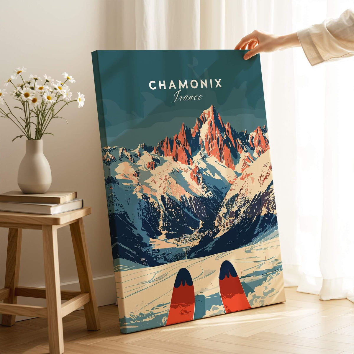 Chamonix Ski Poster featuring stunning mountain views and ski equipment in a cozy home setting.