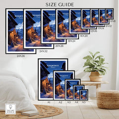 Chamonix Poster size guide showcasing various frame sizes against a stylish home decor background.