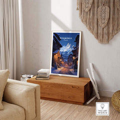 Chamonix Poster showcasing a picturesque ski resort scene, enhancing home decor with a charming moonlit atmosphere.
