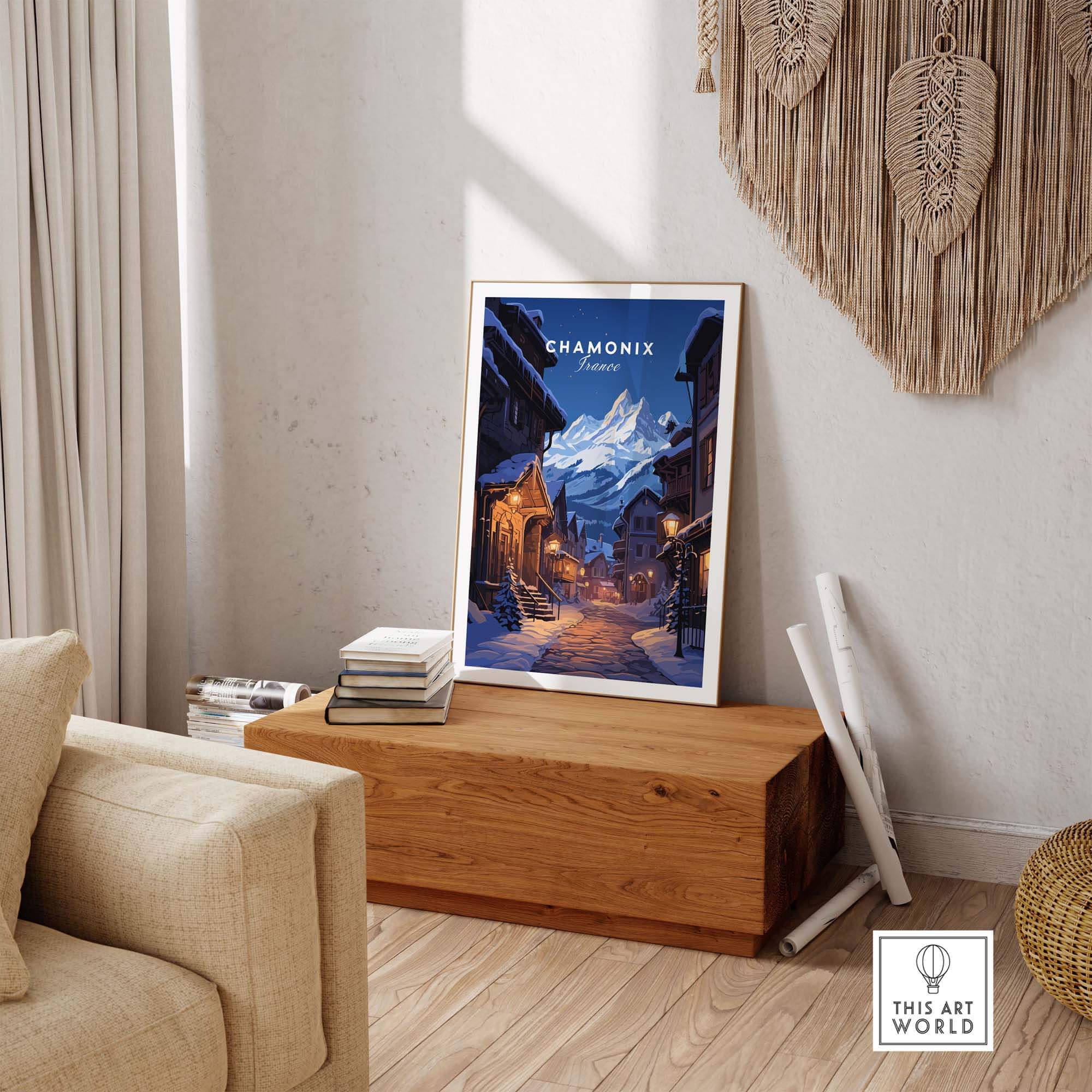 Chamonix Poster showcasing a picturesque ski resort scene, enhancing home decor with a charming moonlit atmosphere.