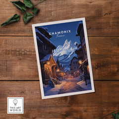 Chamonix poster featuring a moonlit street scene in France, capturing the charm of a ski resort in winter.