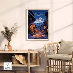 Chamonix poster displayed in a cozy living room, featuring a moonlit ski resort scene and charming decor elements.