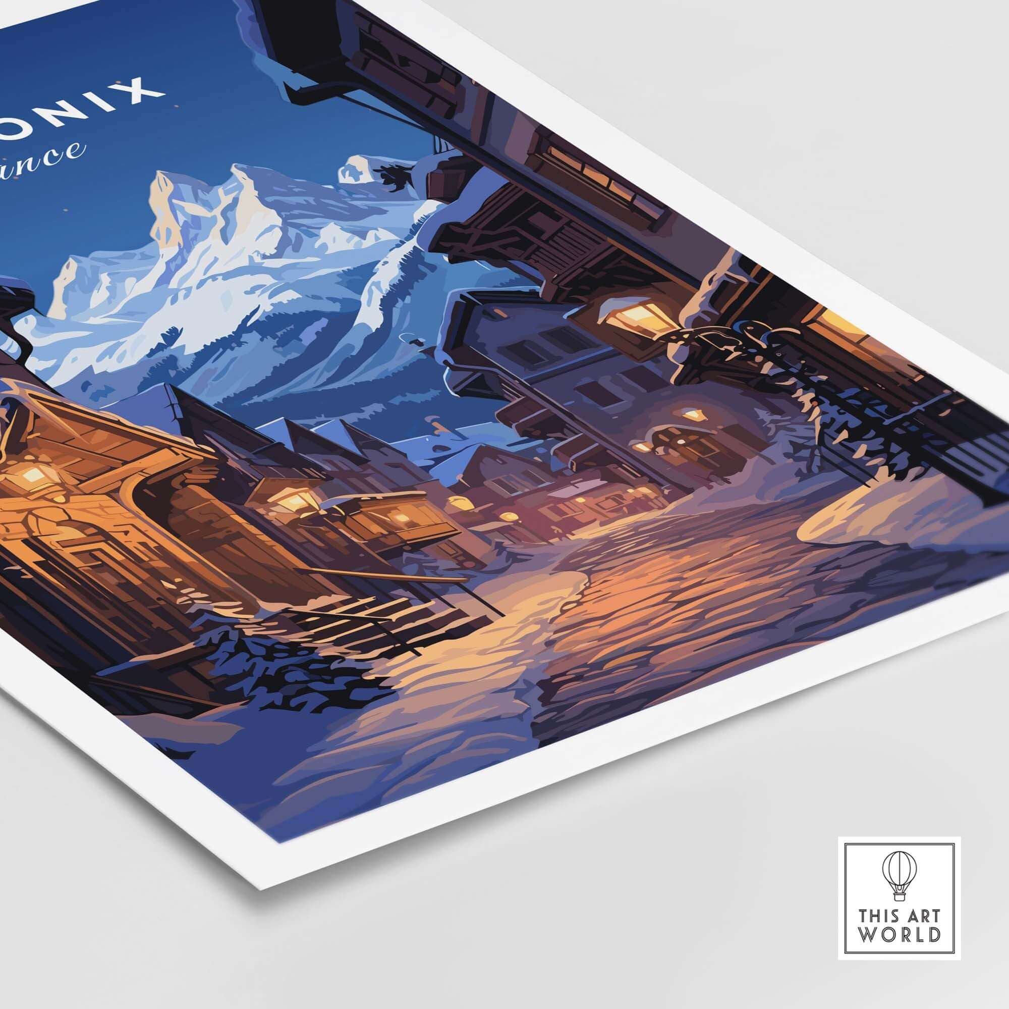 Chamonix poster featuring a charming snowy street scene with mountains, perfect for home decor and ski enthusiasts.