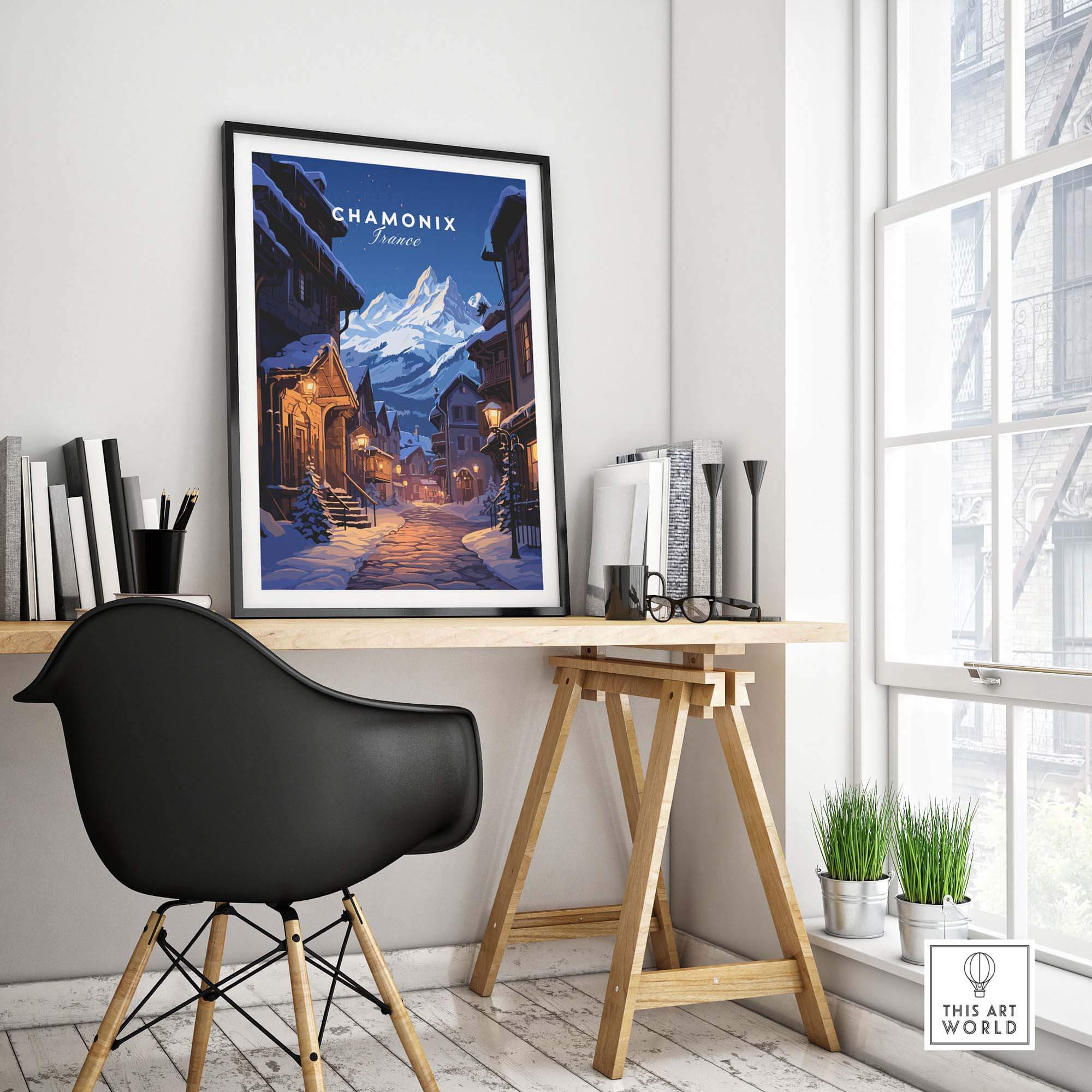 Chamonix poster displayed in a stylish living room, showcasing a moonlit ski resort scene with charming decor.