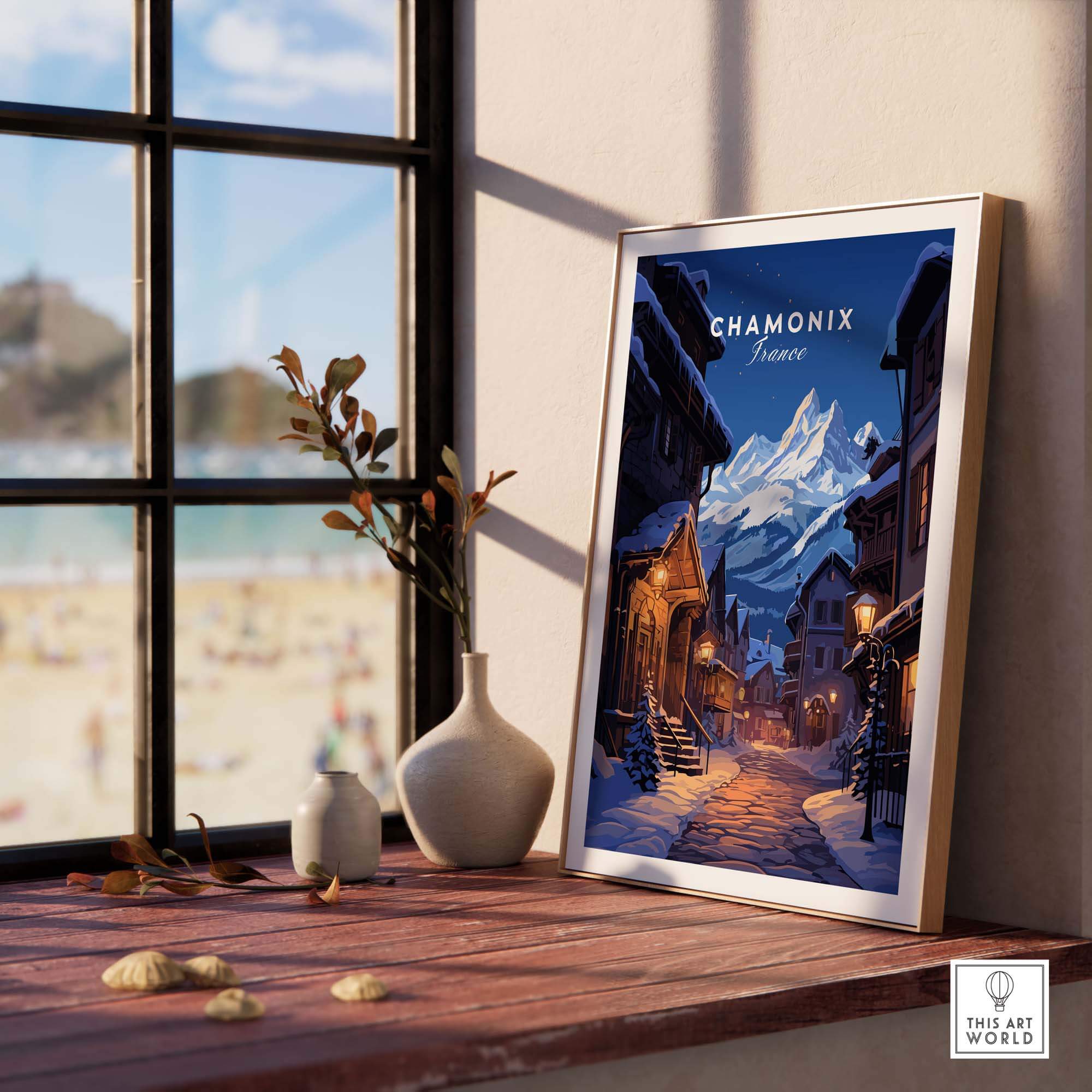 Chamonix Poster framed on a windowsill, showcasing a moonlit ski resort scene, perfect for home decor and gifting.