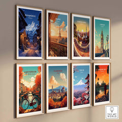Chamonix poster along with city posters of Paris, Barcelona, London, Amsterdam, Florence, Tokyo, and Angkor Wat on a wall.